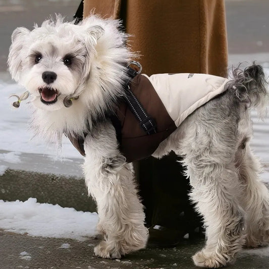 Warm Waterproof Dog Winter Coat with Harness & Faux-Fur Hood