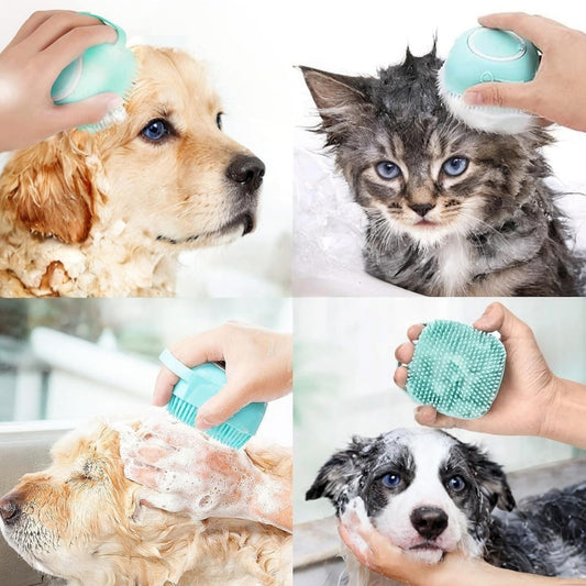 Pet Bath Brush with Shampoo Dispenser | Dog & Cat Grooming Scrubber