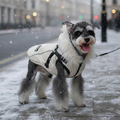 Waterproof Dog Winter Coat with Built-In Harness and Faux Fur Hood
