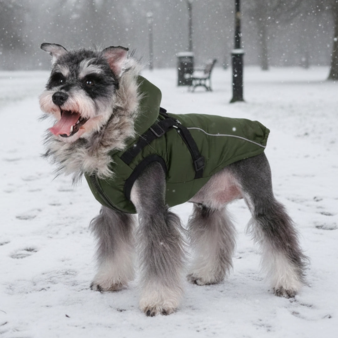 Waterproof Dog Winter Coat with Built-In Harness and Faux Fur Hood