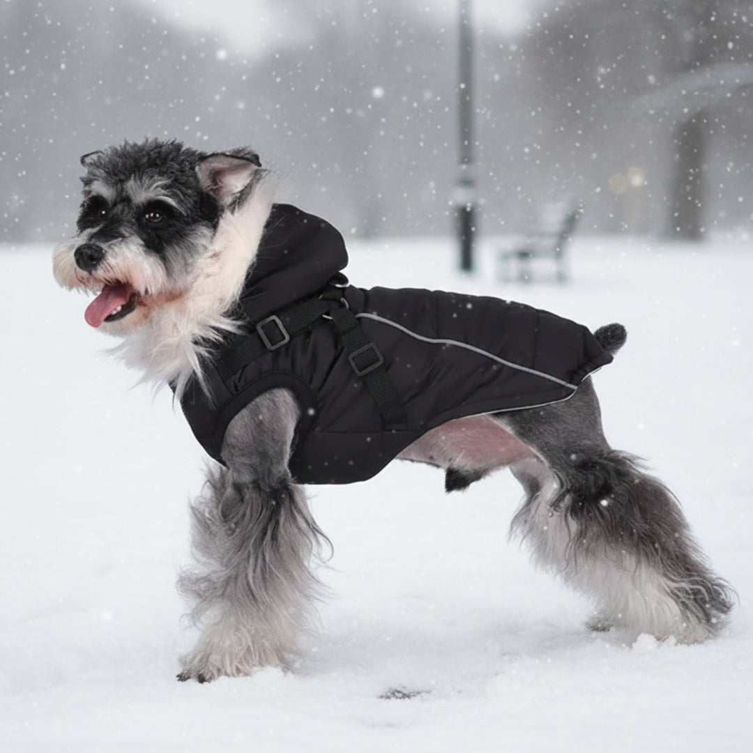 Waterproof Dog Winter Coat with Built-In Harness and Faux Fur Hood