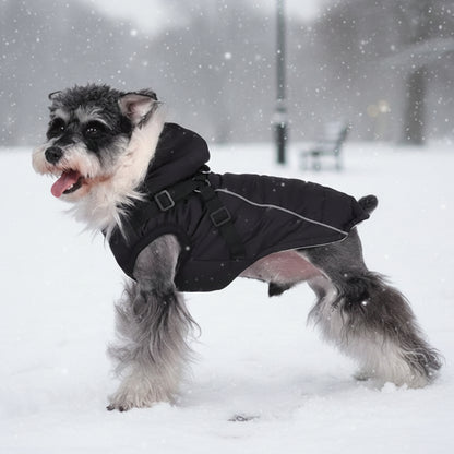 Waterproof Dog Winter Coat with Built-In Harness and Faux Fur Hood