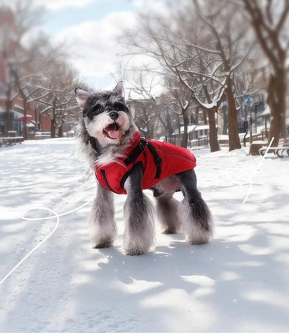 Waterproof Dog Winter Coat with Built-In Harness and Faux Fur Hood