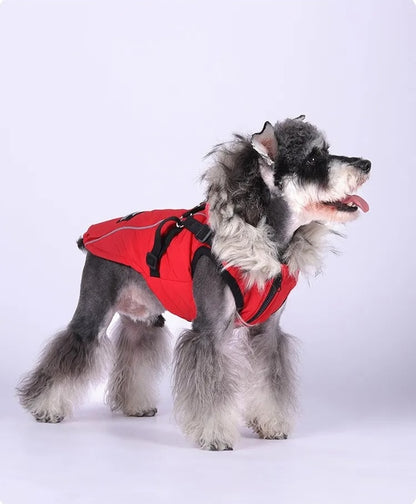 Waterproof Dog Winter Coat with Built-In Harness and Faux Fur Hood