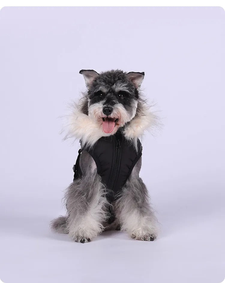 Waterproof Dog Winter Coat with Built-In Harness and Faux Fur Hood