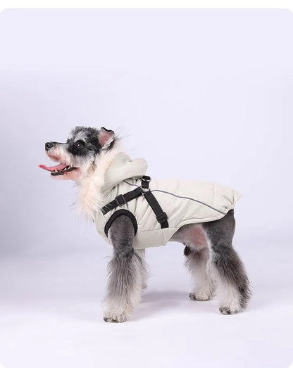Waterproof Dog Winter Coat with Built-In Harness and Faux Fur Hood