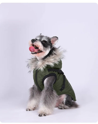 Waterproof Dog Winter Coat with Built-In Harness and Faux Fur Hood