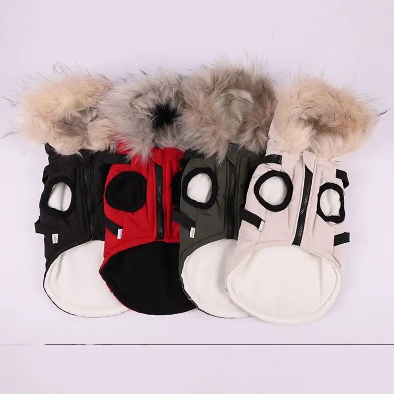 Waterproof Dog Winter Coat with Built-In Harness and Faux Fur Hood