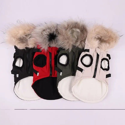 Waterproof Dog Winter Coat with Built-In Harness and Faux Fur Hood