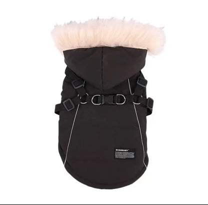 Waterproof Dog Winter Coat with Built-In Harness and Faux Fur Hood