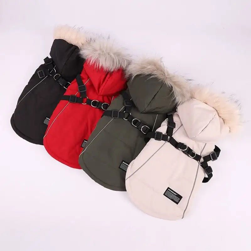 Waterproof Dog Winter Coat with Built-In Harness and Faux Fur Hood
