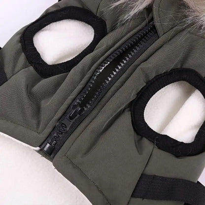 Waterproof Dog Winter Coat with Built-In Harness and Faux Fur Hood