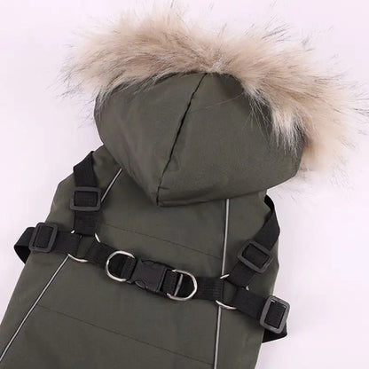 Waterproof Dog Winter Coat with Built-In Harness and Faux Fur Hood