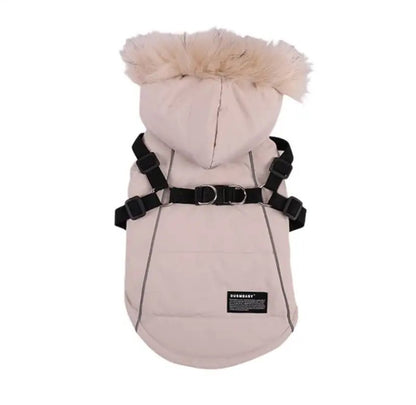 Waterproof Dog Winter Coat with Built-In Harness and Faux Fur Hood