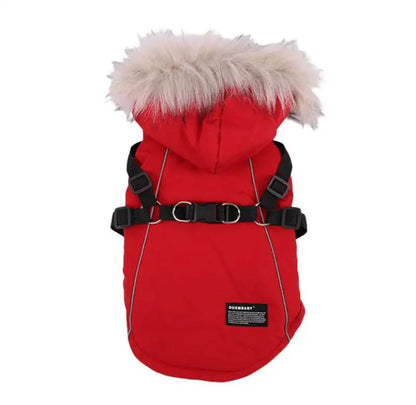 Waterproof Dog Winter Coat with Built-In Harness and Faux Fur Hood