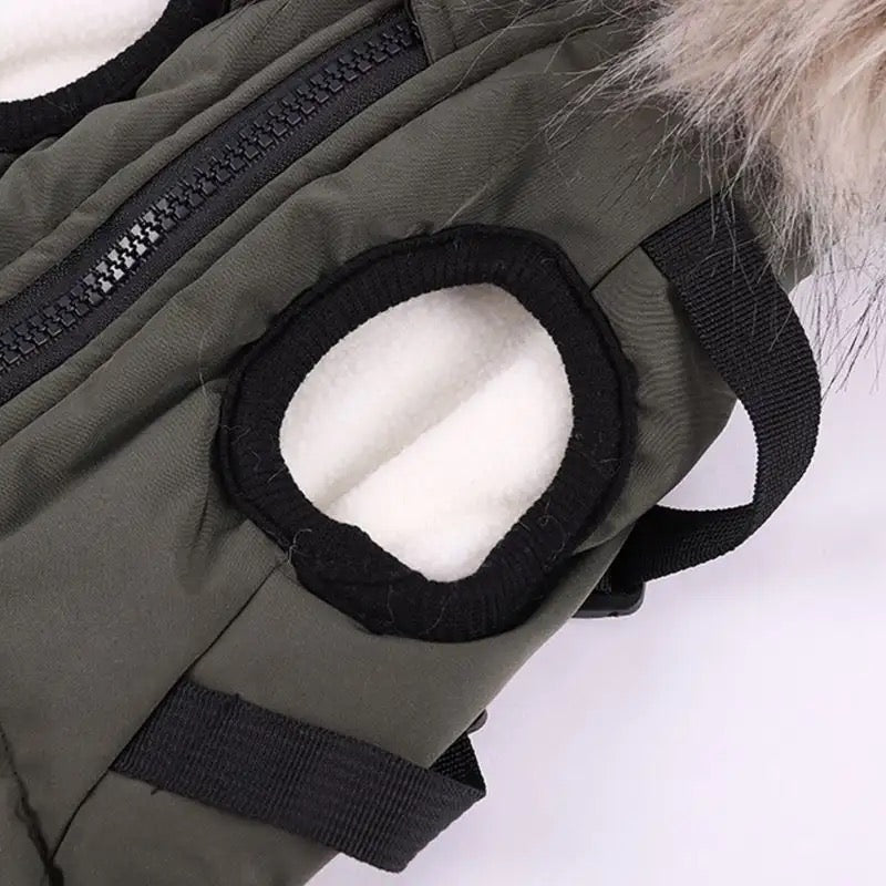 Waterproof Dog Winter Coat with Built-In Harness and Faux Fur Hood