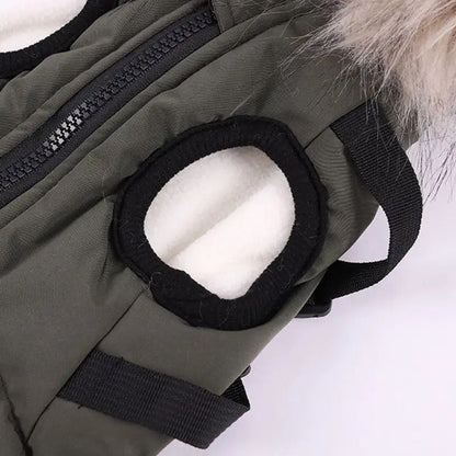 Waterproof Dog Winter Coat with Built-In Harness and Faux Fur Hood