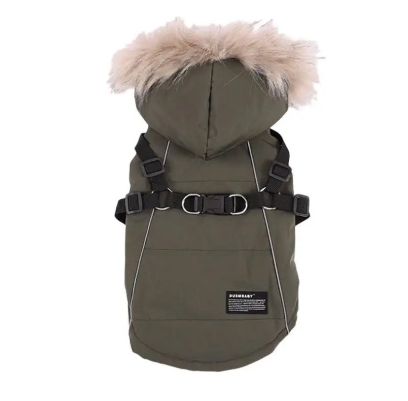Waterproof Dog Winter Coat with Built-In Harness and Faux Fur Hood