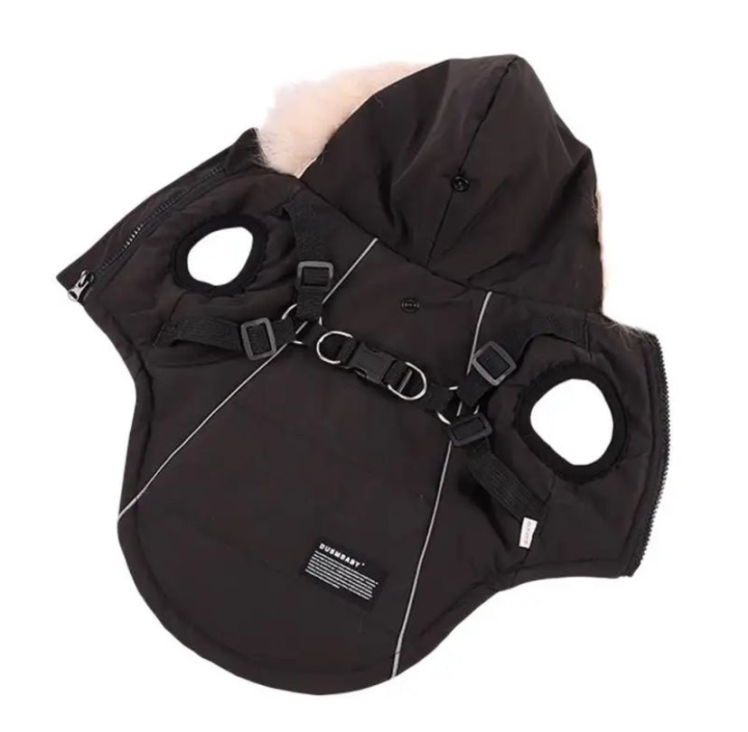 Waterproof Dog Winter Coat with Built-In Harness and Faux Fur Hood