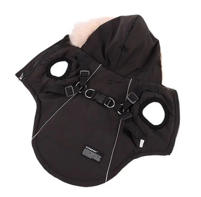 Waterproof Dog Winter Coat with Built-In Harness and Faux Fur Hood